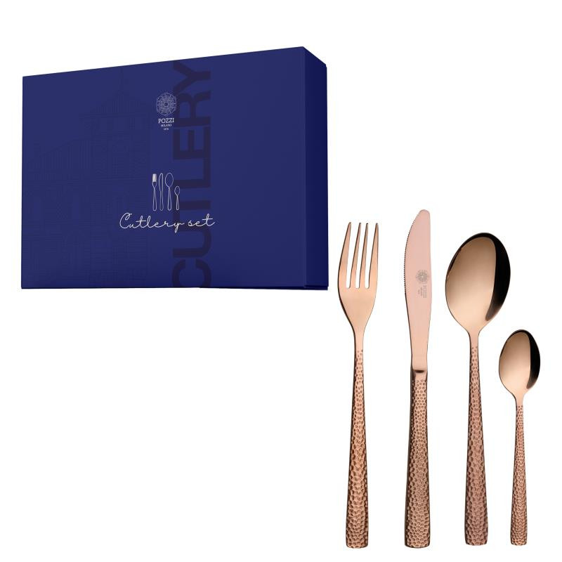 Set 24posate forchetta,coltello,cucchiaio,cucchiaino col.bronzo c/eff.martellato