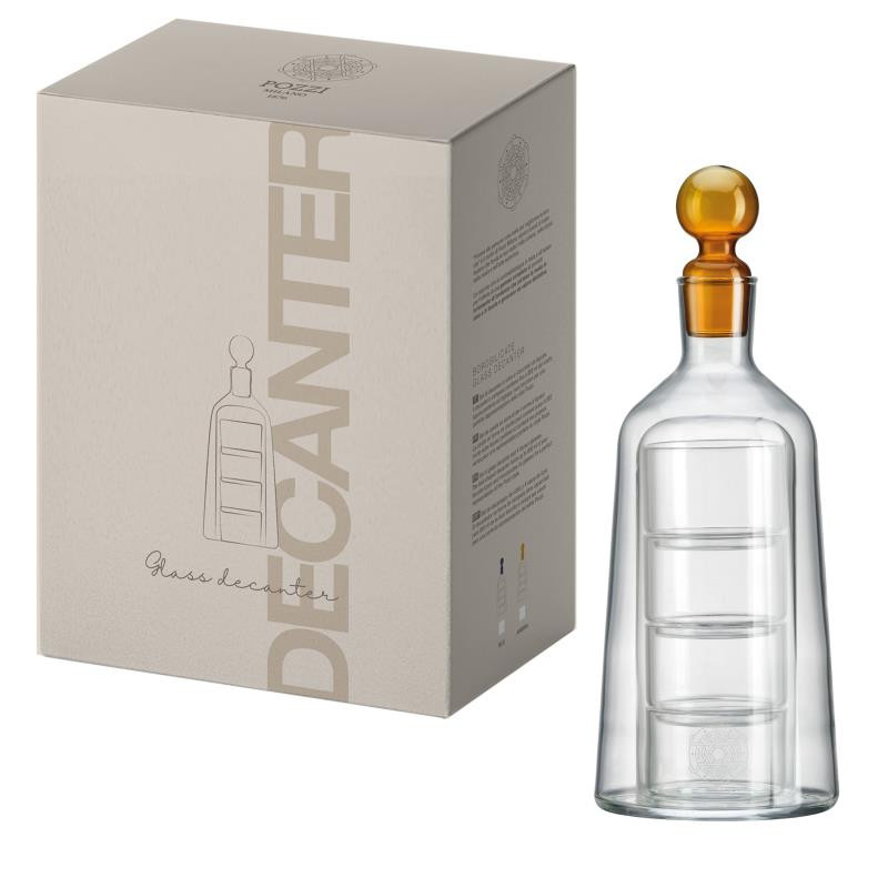 Decanter in vetro boros.in color box c/4 bicchieri e tappo colorato AMBRA