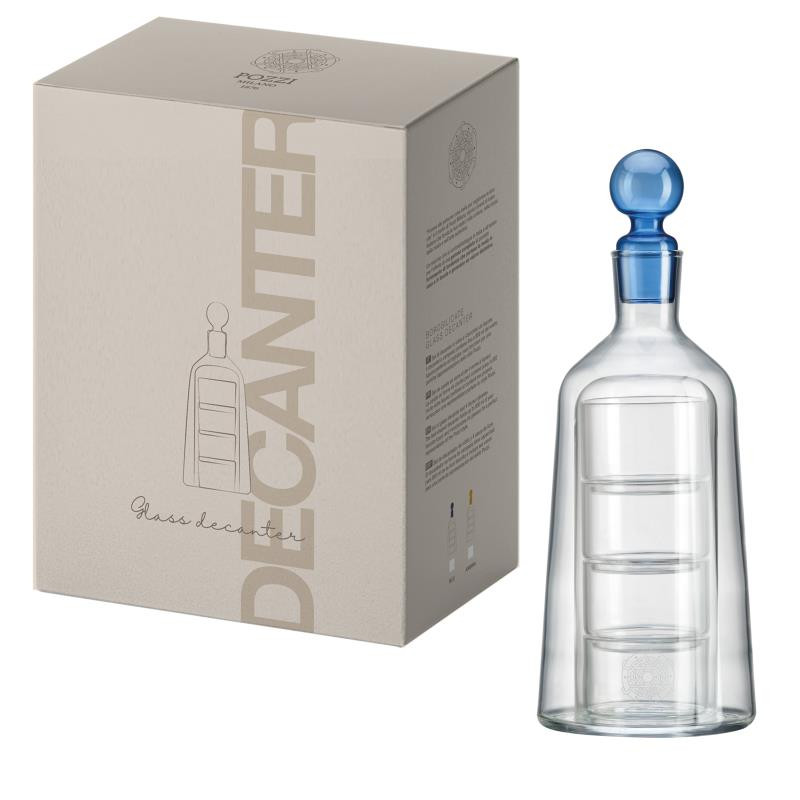 Decanter in vetro boros.in color box c/4 bicchieri e tappo colorato BLU
