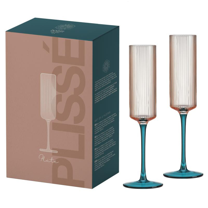 Set 2 bicchieri champagne in vetro plissè in color box BICOLORE ROSA-VERDE