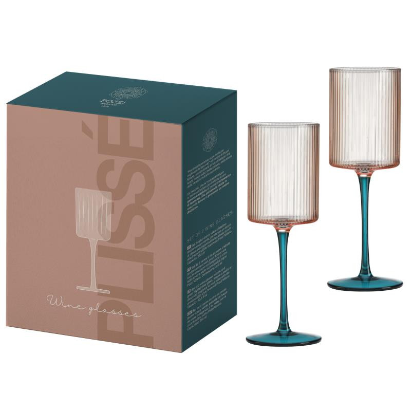 Set 2 bicchieri vino bianco in vetro plissè in color box BICOLORE ROSA-VERDE