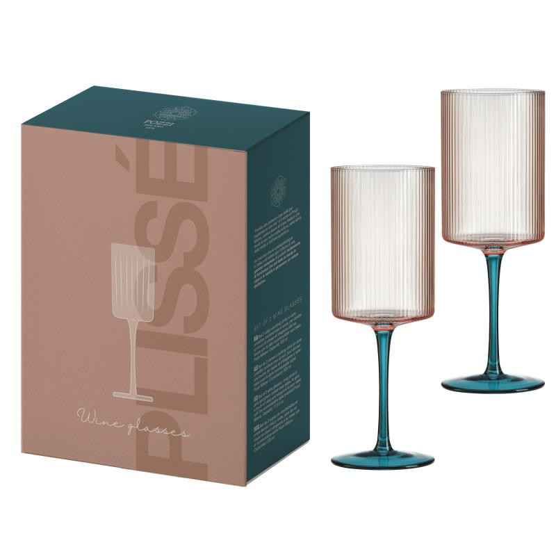 Set 2 bicchieri vino in vetro plissè in color box BICOLORE ROSA-VERDE