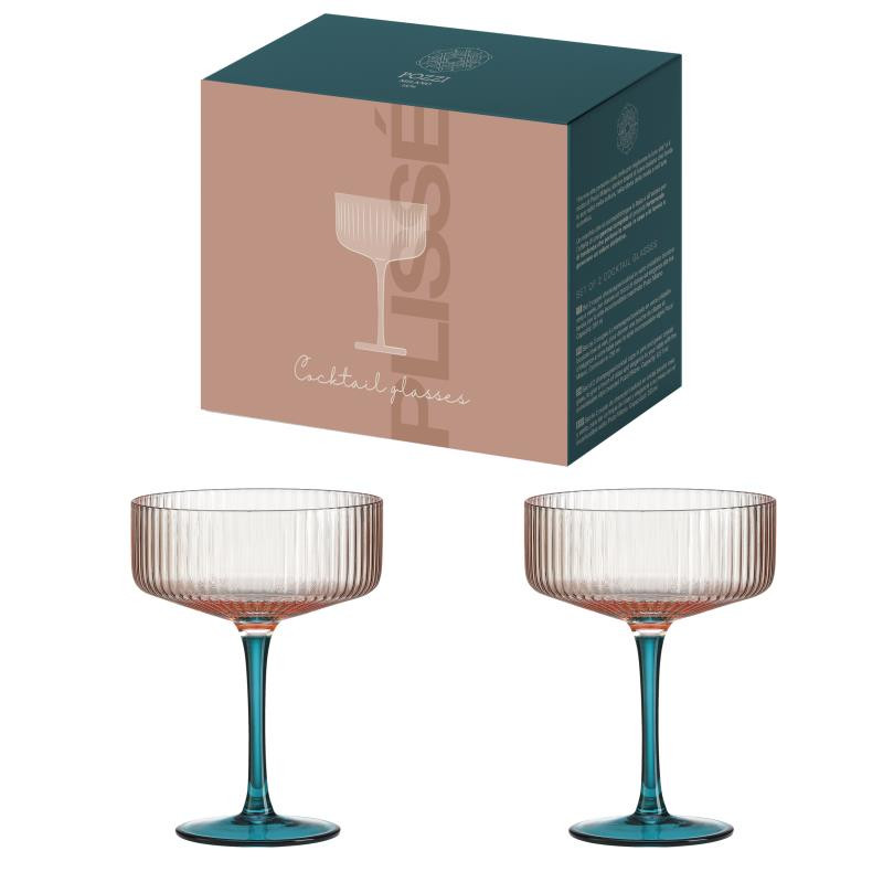 Set 2 bicchieri da cocktail in vetro plissè in color box BICOLORE ROSA-VERDE