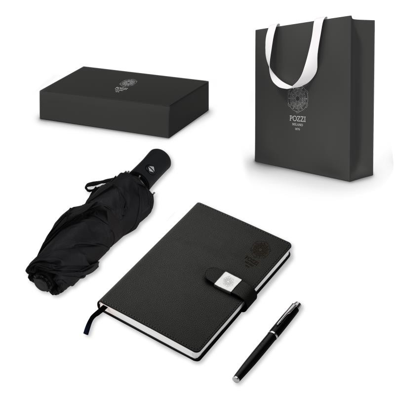 Set regalo lavoro c/taccuino A5, penna stilo, ricarica e ombrello NERO
