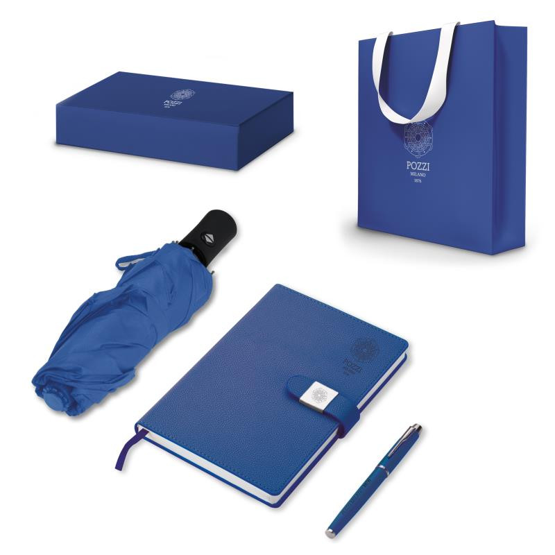 Set regalo lavoro c/taccuino A5, penna stilo, ricarica e ombrello BLU