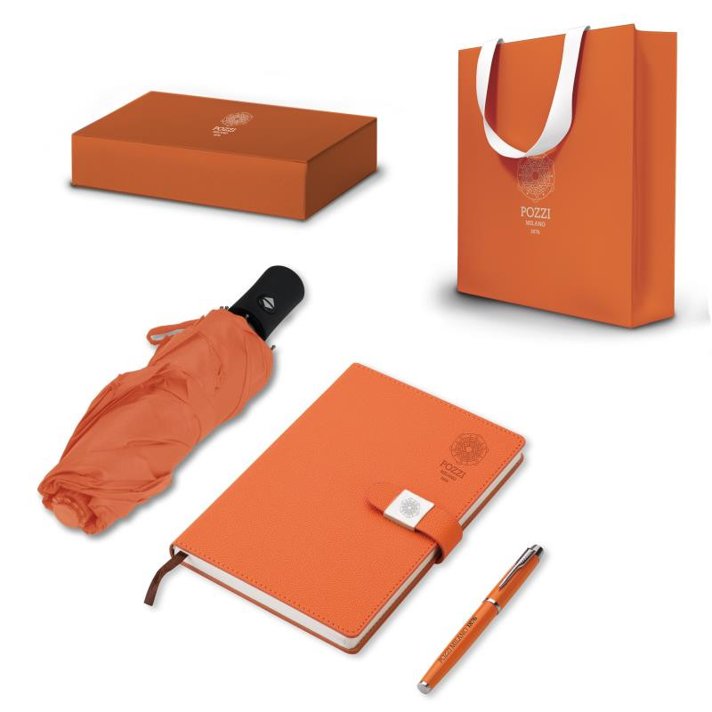 Set regalo lavoro c/taccuino A5, penna stilo, ricarica e ombrello ARANCIO
