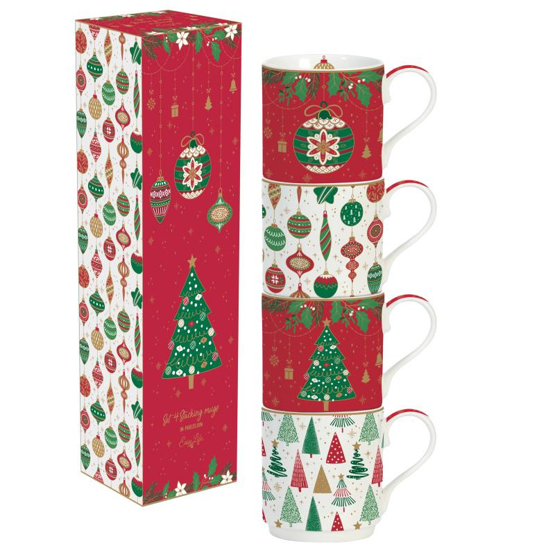 Set 4 porcelain stacking mugs 275 ml in color box JINGLE BELLS