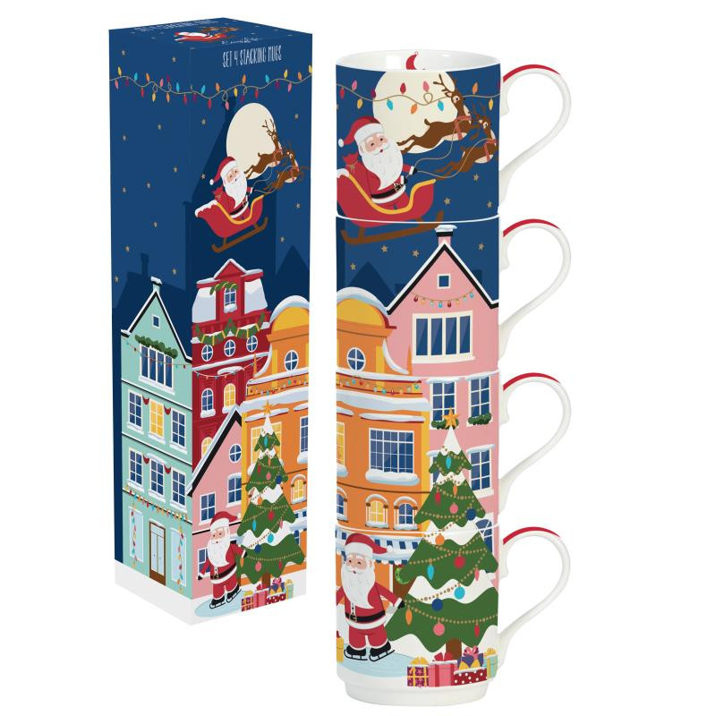 Set 4 porcelain stacking mugs 275 ml in color box SANTA IN TOWN
