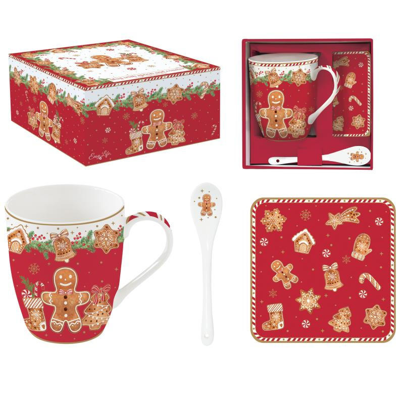 Set mug in porc.350 ml c/cucch.e sottob.in sug.in color box FANCY GINGERBREAD
