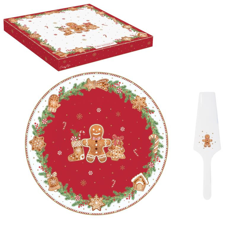 Piatto torta Ø 32 cm c/paletta in porc.in color box FANCY GINGERBREAD