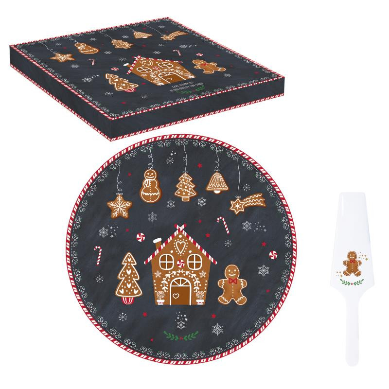 Piatto torta Ø 32 cm c/paletta in porc.in color box GINGERBREAD