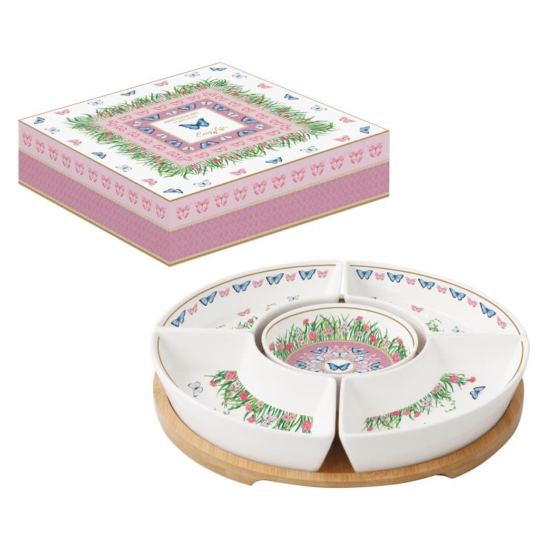 Set aperitivo in bamboo Ø 25 cm c/5 ciotole in porc.in c.b. SPRING PARADE