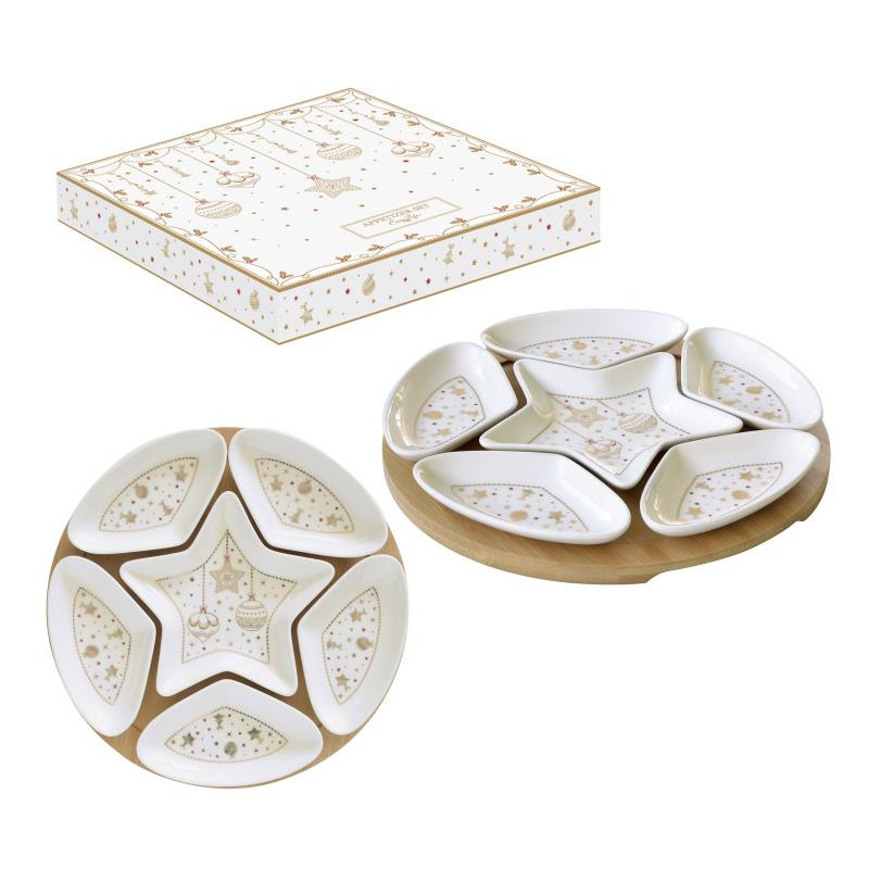 Set aperitivo Ø 25 cm c/6 ciotoline in porc.e base in bamboo in c.b. CHRISTMAS L