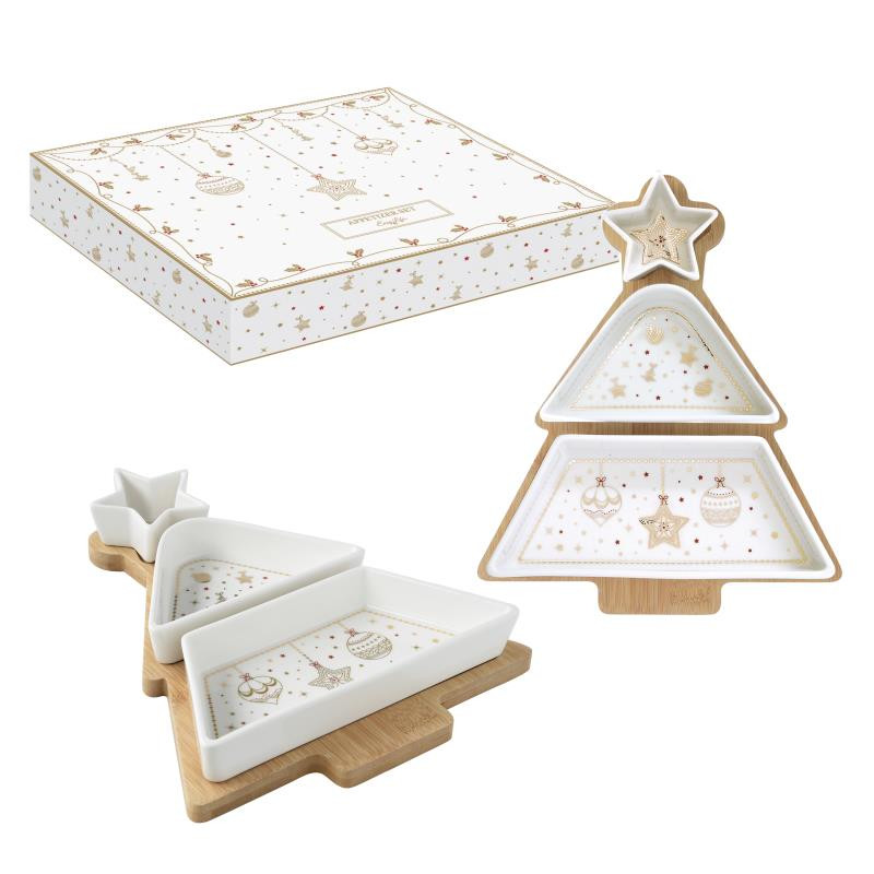 Set aperitivo c/3 ciotoline in porc.e vass.in bamboo21x25 cm in c.b. CHRISTMAS L