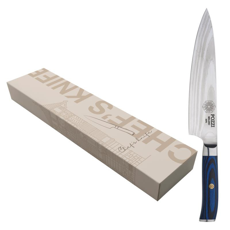 Chef knife with damask steel blade and blue pakkawood handle in gift box