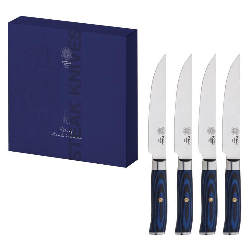 Set of 4 steak knives with steel blade and blue pakkawood handle in gift box