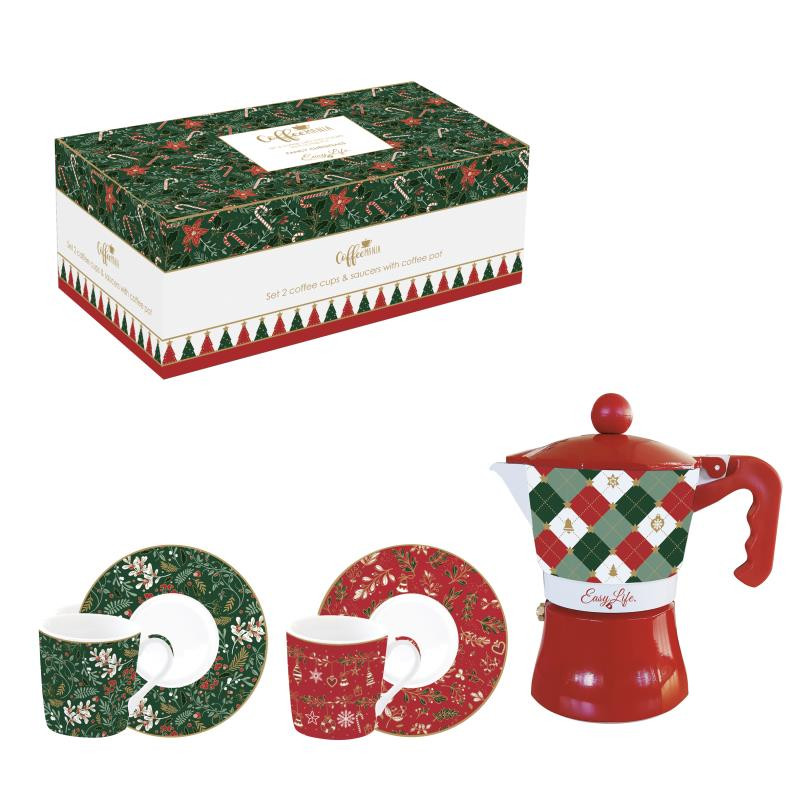 Set 2 tazzine espr.100 ml c/piattini e caffettiera in color box FANCY CHRISTMAS