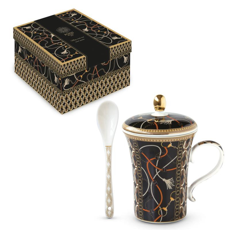 Infusiera in porc.300 ml c/coperchio e cucchiaino in gift box LUXURY CHAIN BLACK