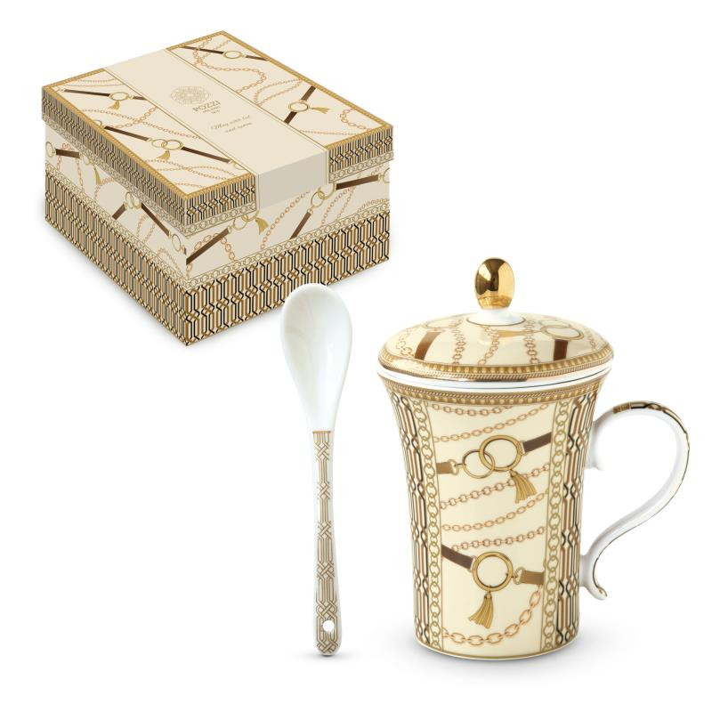 Infusiera in porc.300 ml c/coperchio e cucchiaino in gift box LUXURY CHAIN BEIGE