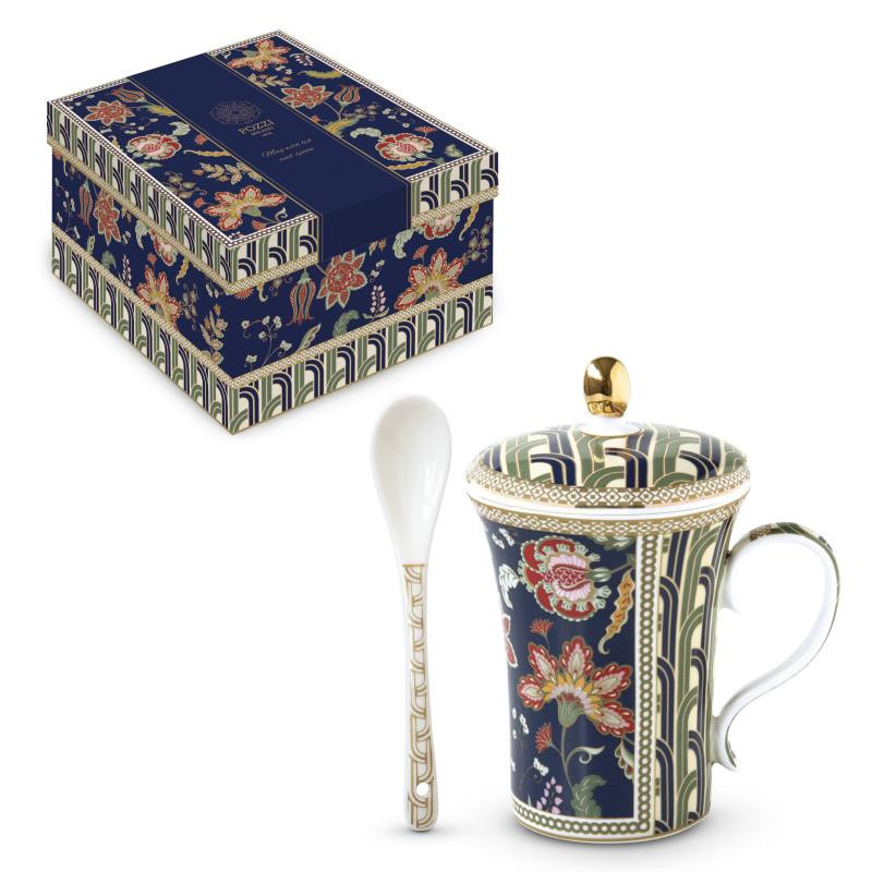 Infusiera in porc.300 ml c/coperchio e cucchiaino in gift box PAISLEY BLUE