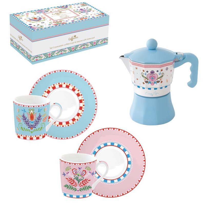 Set 2 tazzine espr.100 ml c/piattini e caffettiera in color box SPRING FOLK