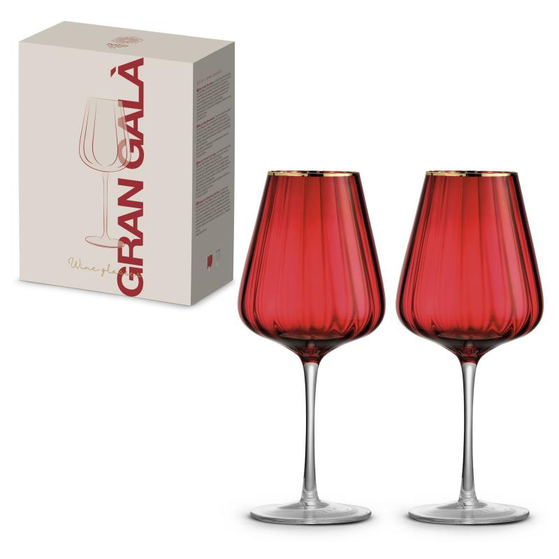 Set 2 bicchieri vino 650 ml in vetro bordo oro in color box ROSSO