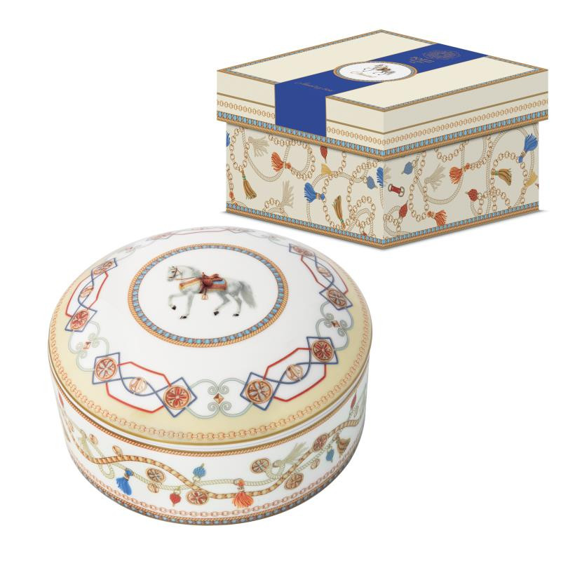 Portagioie tonda Ø 13x6,5 h cm in porc.c/coperchio in gift box CHEVAL