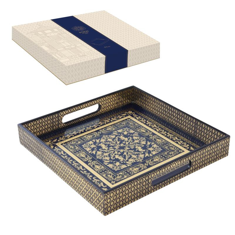Vassoio quadrato 30x30x4,5 cm in MDF in c.b. BAROQUE BEIGE/BLUE