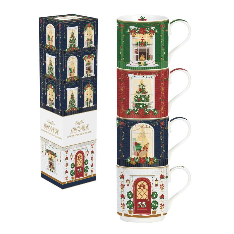 Set 4 porcelain stacking mugs 275 ml in color box FESTIVE AVENUE