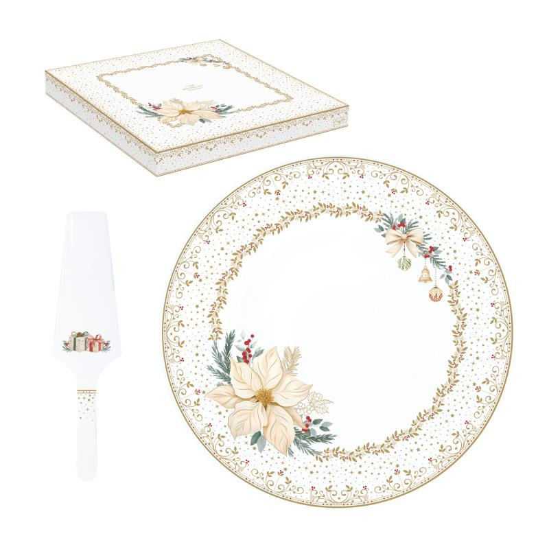 Piatto torta Ø 32 cm c/paletta in porc.in color box WHITE ELEGANCE