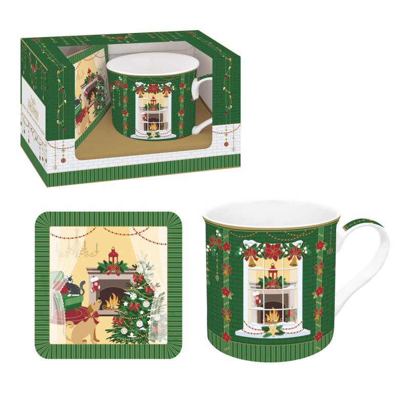 Set mug in porc.300 ml c/sottobicchiere in window color box FESTIVE AVENUE