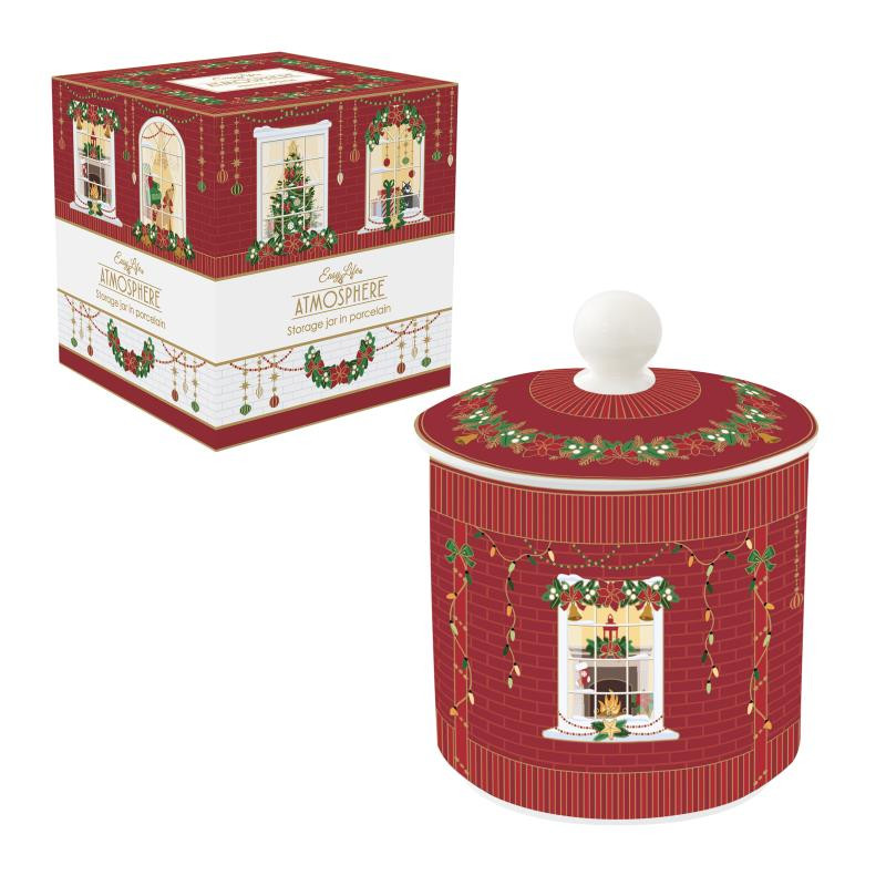 Barattolo c/coperchio in porc. Ø 10,5x13 h cm in color box FESTIVE AVENUE