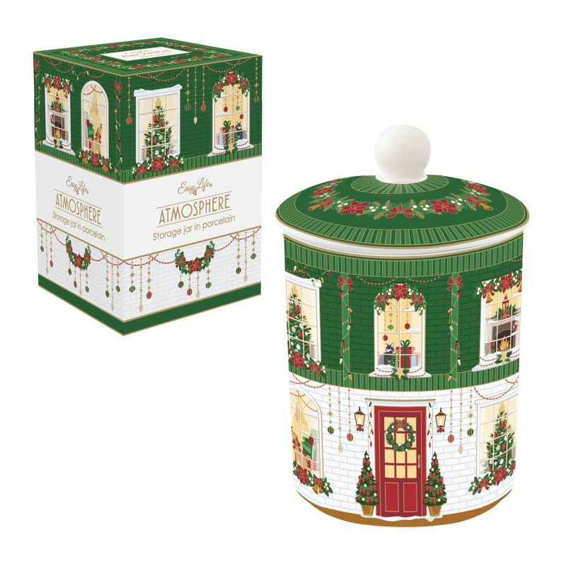 Barattolo c/coperchio in porc. Ø 11,5x18 h cm in color box FESTIVE AVENUE