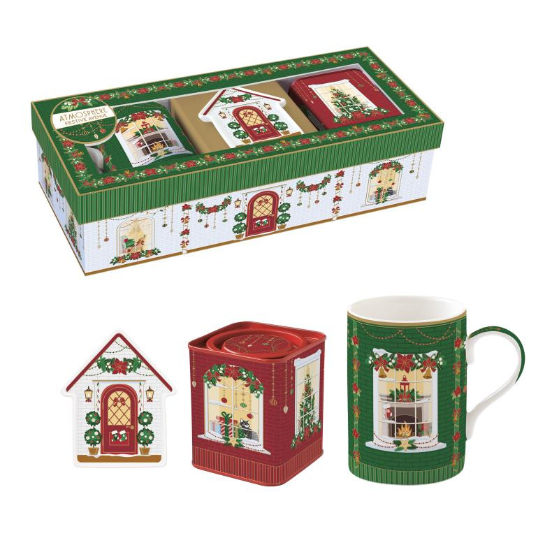 Set mug + poggiabustine da thè in porc.e scatola in latta in gift box FESTIVE AV