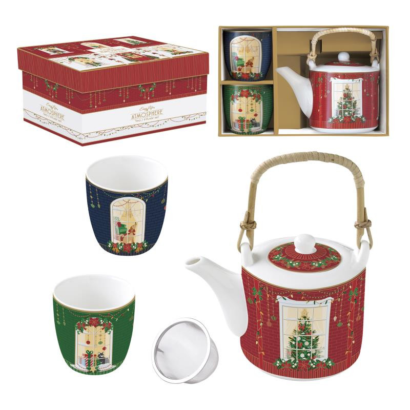 Porc.teapot 600 ml with metal infuser and 2 cups 160 ml in gift box FESTIVE AVENUE