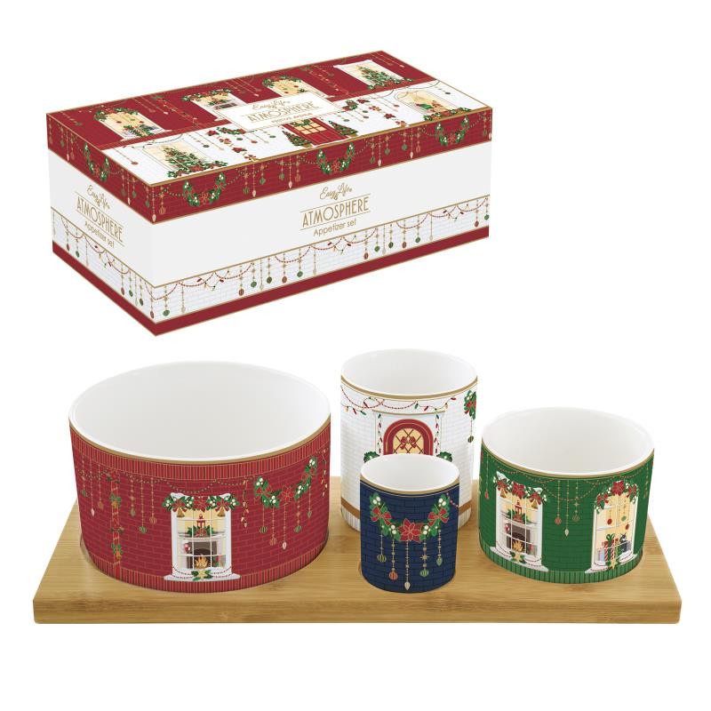 Set aperitivo in bamboo c/4 ciotole in porcellana in c.b. FESTIVE AVENUE