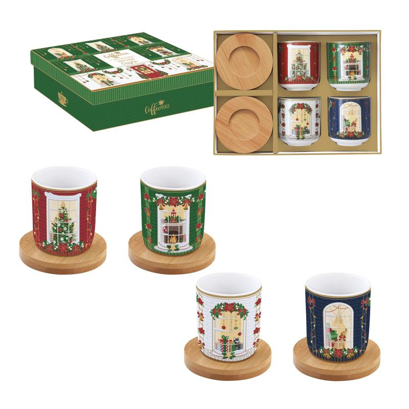 Set 4 bicchierini caffè 110 ml c/piattini in bamboo in gift box FESTIVE AVENUE