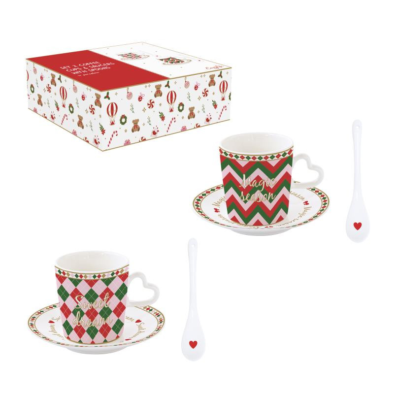 Set 2 tazzine espr.manico forma cuore 100 ml c/piattini e cucchiaini in c.b. CHR